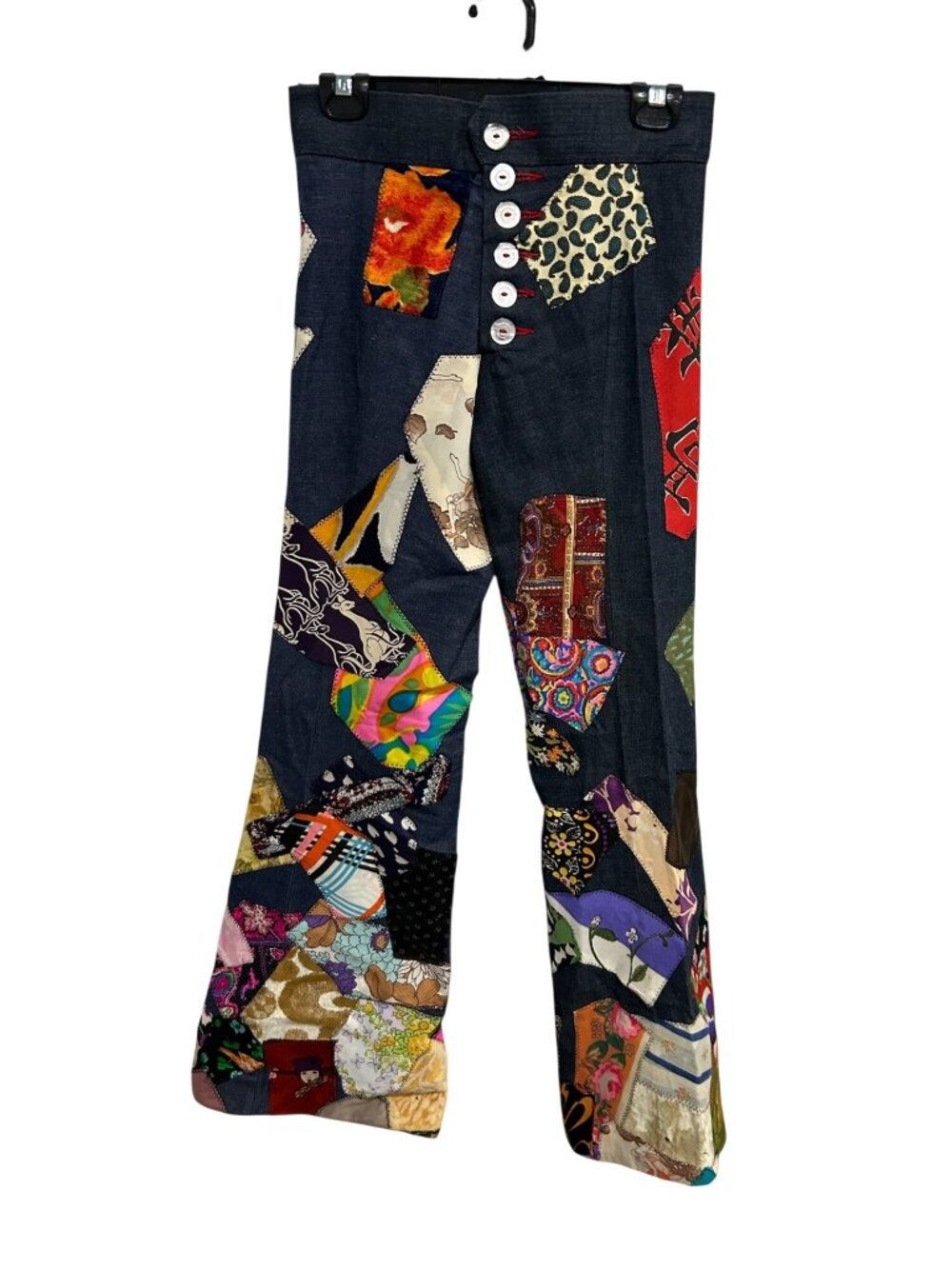 Vintage Handmade XSmall Patchwork Denim Bell Bottom Pants Button Fly Bohemian